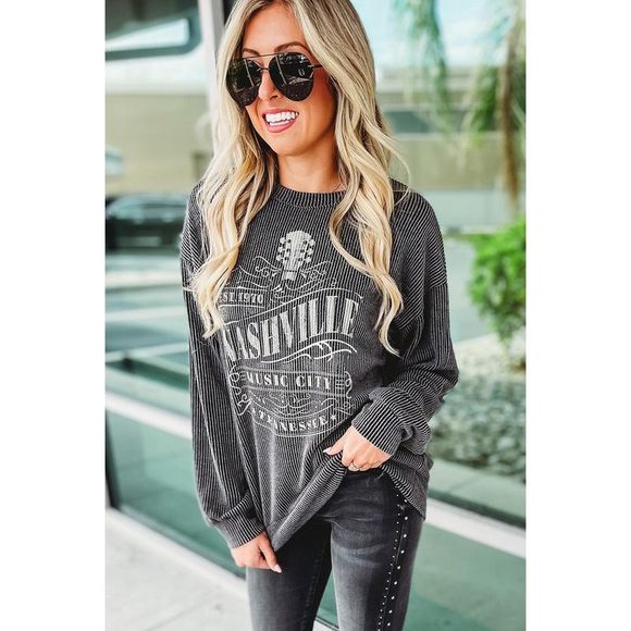 Azura Exchange  Black NASHVILLE MUSIC CITY Corded Graphic Sweatshirt - Picture 3 of 13